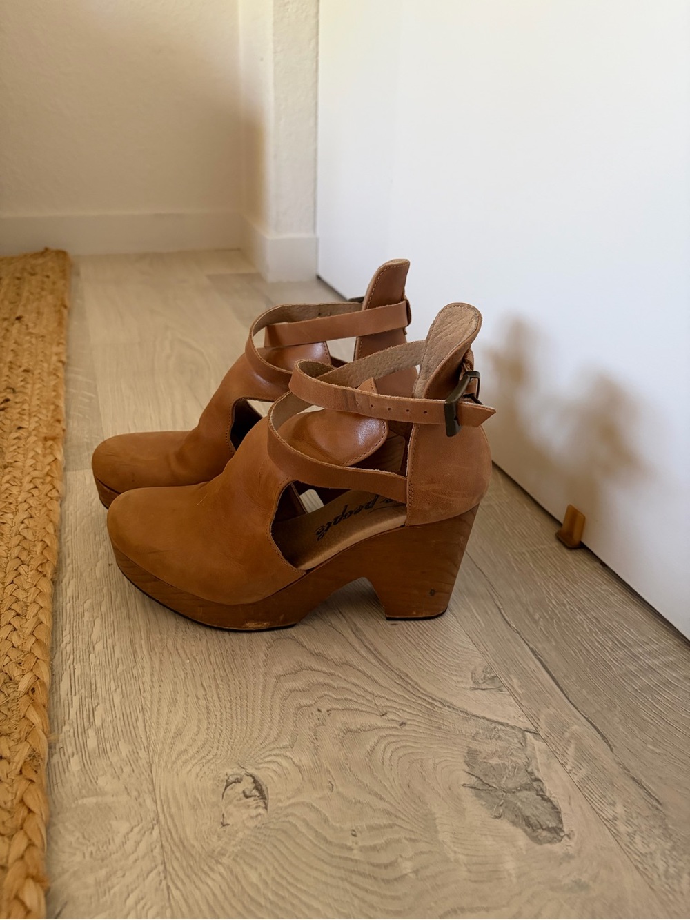 Free People Women's Tan Cutout Leather Clog Heels with Ankle Strap